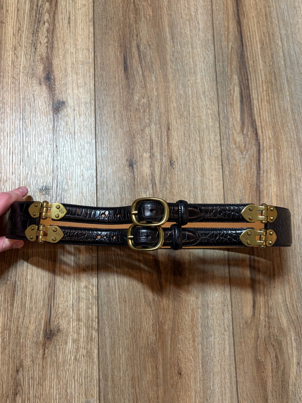 Vintage Lauren Ralph Lauren LRL Double Buckle Stacked Leather Belt Croc Embosse